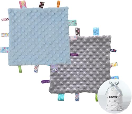 CREVENT Tag Security Blankets for Babies, Soft Small Taggie for Boys Girls, Baby Comforter Sensory Blanket, Great Gifts for Birthday Baby Shower 10'X10' (Blue+Grey) - Jamouz