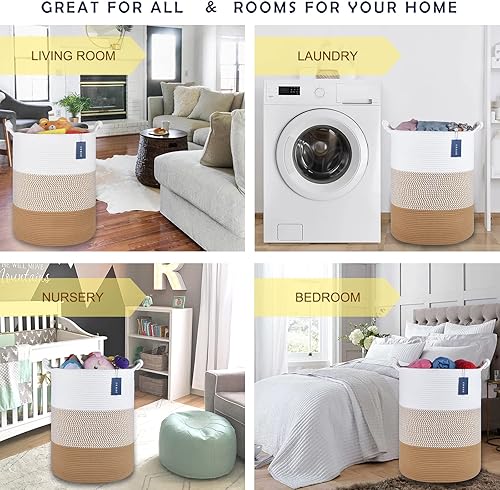 COMSE Extra Large Blanket Basket, High Storage Basket, Tall Rope Laundry Basket, 15.7”x 21.7”, Cotton Rope Basket, XXXL Laundry Basket, Toy Basket, Clothes Baskets,White/Cadet Blue/Navy Blue - Jamouz