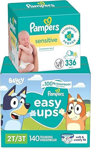 Pampers Easy Ups Bluey Pull On Training Pants Boys and Girls, 4T-5T, 104 Count with Sensitive Water Based Baby Wipes 4X Pop-Top Packs (336 Count) - Jamouz