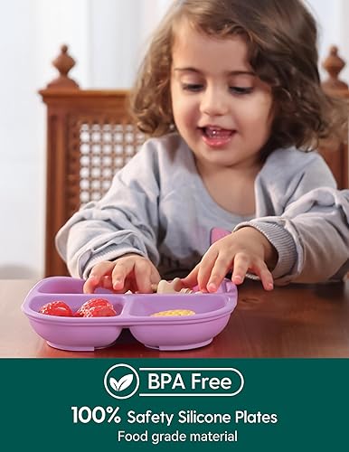 BABELIO Powerful Suction Plates for Baby and Toddler, 100% Food Grand Silicone, Divided, BPA Free, Microwave & Dishwasher Safe, Stay Put, 3 Pack - Jamouz