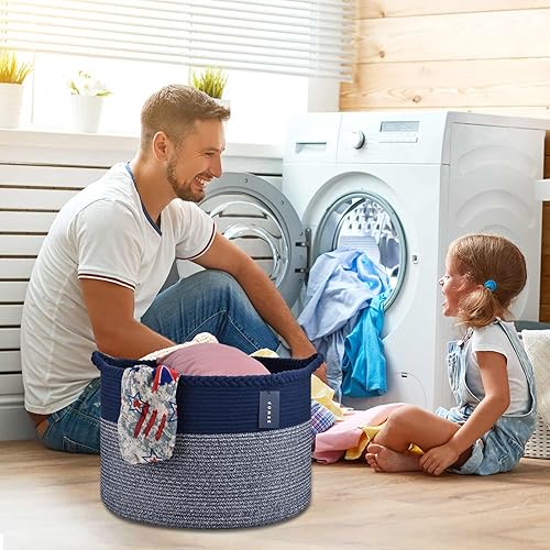 COMSE Extra Large Blanket Basket, Storage Basket, Laundry Basket, 21.7”x 13.8”, Laundry Hamper, Cotton Rope Basket, Blanket Basket Living Room, Toy Basket (White & Cadet Blue & Navy Blue) - Jamouz
