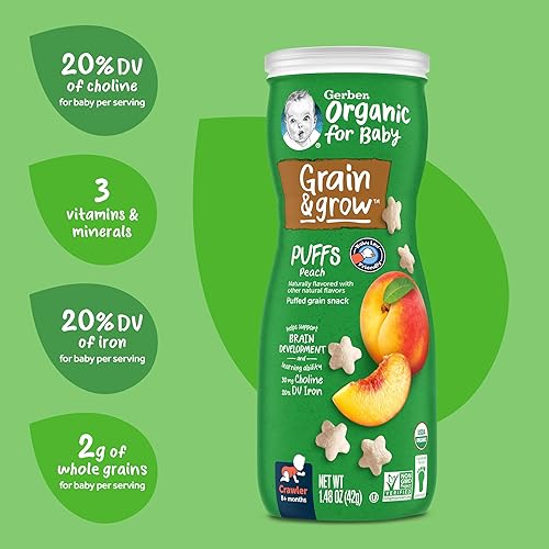 Gerber Baby Snacks, Organic Puffs, Peach, Baby Food, 1.48 Ounce (Pack of 6) - Jamouz