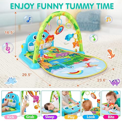 Baby Gym Play Mats Baby Toys Tummy Time Mat Toys Musical Activity Center for Newborn Infant Toys Piano Baby Play Mat Music & Light Newborn Infant Gifts for Baby Toys 0-3 6 9 12 Months, Dinosaur Style - Jamouz
