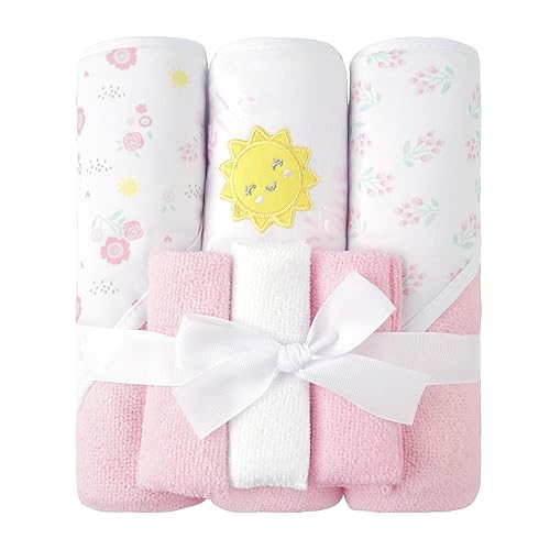 Viviland Baby Towels and Washcloths, Soft Absorbent Pink Baby Bath Towel Set, Elephant Hooded Towels with 5 Infant Face Washcloths (6 Pieces) - Jamouz