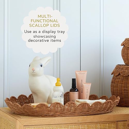 The Original Scalloped Basket Set Of 2 - Small Scallop Basket - 15 x 10 x 6 In - Hand-Woven & Award-Winning - Elegant Wicker With Scalloped Edge Lid - Nursery Storage - (Mocca) - Jamouz