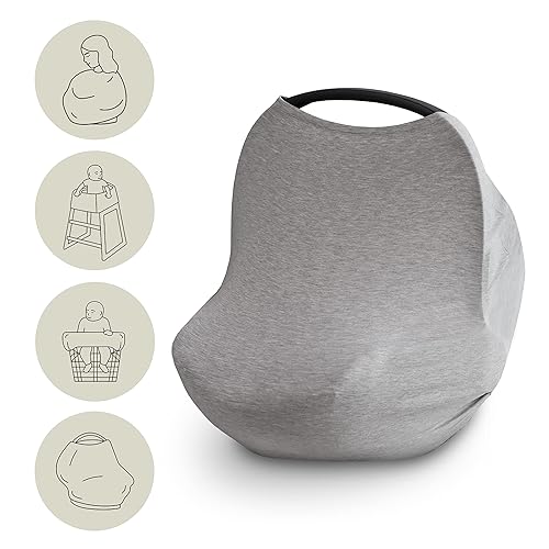 mushie Baby Car Seat Canopy Cover | Breathable & Stretchy Multi Use Cover for Breastfeeding, Nursing, High Chair, Shopping Cart, Strollers (Fog) - Jamouz