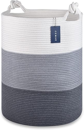 COMSE Extra Large Blanket Basket, High Storage Basket, Tall Rope Laundry Basket, 15.7”x 21.7”, Cotton Rope Basket, XXXL Laundry Basket, Toy Basket, Clothes Baskets,White/Cadet Blue/Navy Blue - Jamouz