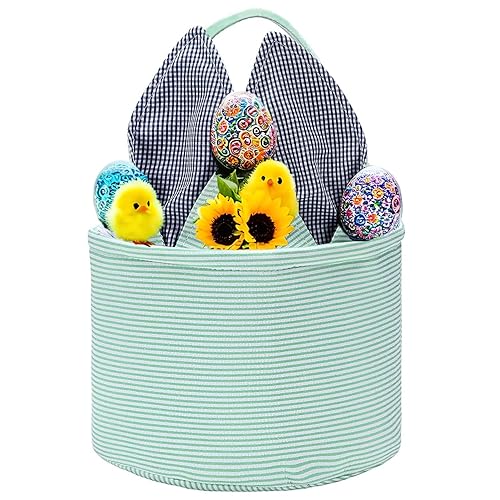 Easter Basket Seersucker Egg Hunt Bunny Baskets for Kids with Cute Rabbit Ears Stripe Storage Gifts Candies Personalized Easter Party Gifts.……… - Jamouz