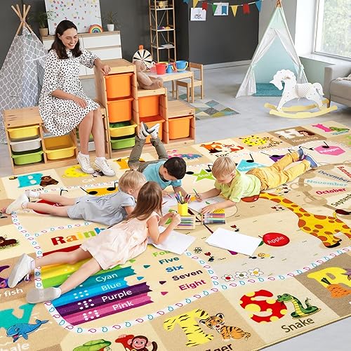 Large Playroom Rug Daycare Kids Rug 7x10,Educational and Fun Nursery Rug with ABC Alphabet Animals Classroom Rug Washable Kids Play Mat Baby Toddler Children Girls Rugs for Bedroom,Beige - Jamouz