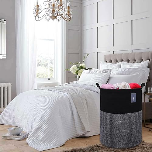 COMSE Extra Large Blanket Basket, High Storage Basket, Tall Rope Laundry Basket, 15.7”x 21.7”, Cotton Rope Basket, XXXL Laundry Basket, Toy Basket, Clothes Baskets,White/Cadet Blue/Navy Blue - Jamouz