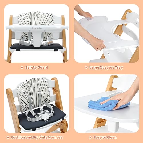 Ezebaby Wooden High Chair Grow with Your Child, Foldable Baby High Chair with Adjustable Seat and Footrest Heights, High Chair for Babies and Toddlers with Cushion and Large Double Layer Tray(White) - Jamouz