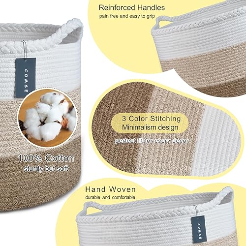 COMSE Extra Large Blanket Basket, Storage Basket, Laundry Basket, 21.7”x 13.8”, Laundry Hamper, Cotton Rope Basket, Blanket Basket Living Room, Toy Basket (White & Cadet Blue & Navy Blue) - Jamouz