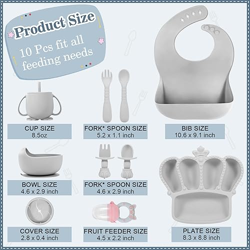 Silicone Baby Feeding Set 10 Pcs Baby Led Weaning Supplies Suction Bowl Divided Plate Baby Bibs Fruit Feeder Baby Spoons Forks Sippy Cup Toddler Utensil Sets Baby Essentials for Newborn Gift - Jamouz