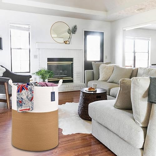 COMSE Extra Large Blanket Basket, High Storage Basket, Tall Rope Laundry Basket, 15.7”x 21.7”, Cotton Rope Basket, XXXL Laundry Basket, Toy Basket, Clothes Baskets,White/Cadet Blue/Navy Blue - Jamouz