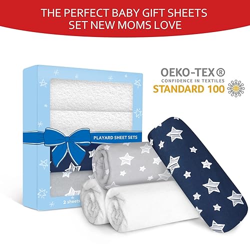 Pack and Play Sheets & Waterproof Terry Pack N Play Mattress Protector Pad Cover 4 Pack, Viscose Made from Bamboo Pack N Play Sheets Set, Grey & Navy - Jamouz