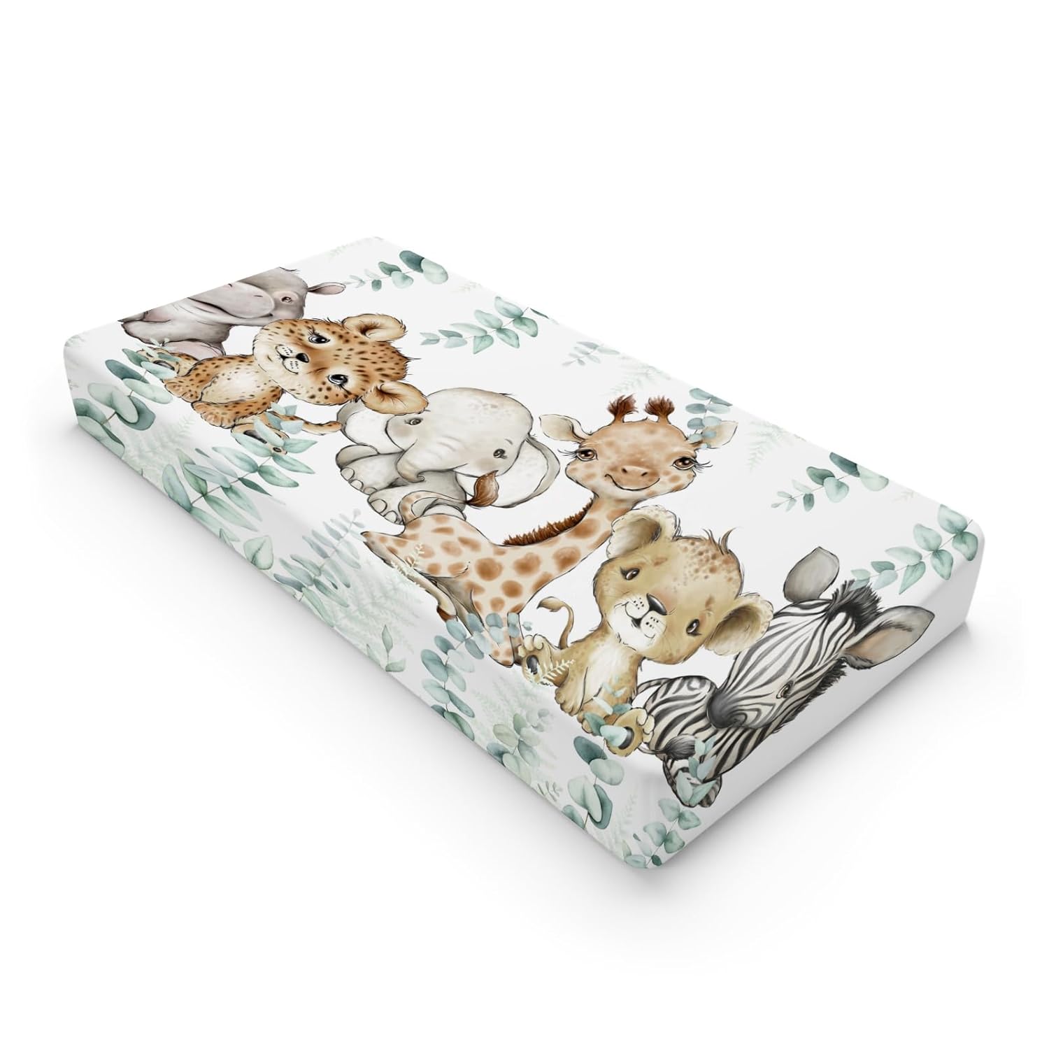 HawSkgFub African Safari Jungle Animals Eucalyptus Leaf Changing Pad Cover Baby Girl Boy, Giraffe Elephant Leopard Lion Zebra Diaper Change Table Sheet Soft Stretchy Safe Snug Fitted Fit 32'/34' x 16' - Jamouz