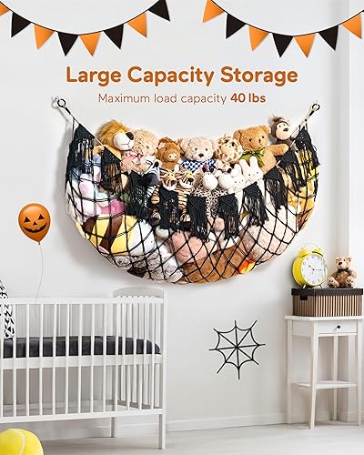 Stuffed Animal Hammock Net with Lights - Big Wall Hanging Stuffed Animal Storage for Plushies and Teddy Bears,Boho Macrame Toy Hammock Organizer Holder for Kids Boys Bedrooms Playroom Nursery （White） - Jamouz
