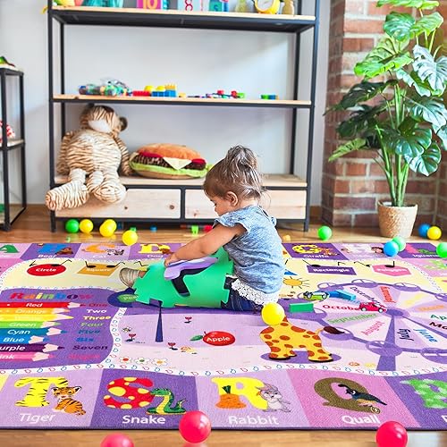 Large Playroom Rug Daycare Kids Rug 7x10,Educational and Fun Nursery Rug with ABC Alphabet Animals Classroom Rug Washable Kids Play Mat Baby Toddler Children Girls Rugs for Bedroom,Beige - Jamouz