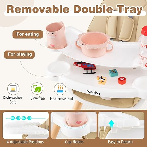 BABY JOY 5 in 1 High Chair, Convertible High Chairs for Babies and Toddlers/Booster Seat/Table and Chair Set, Infant Wooden Highchair w/ 5-Point Harness, 4-Position Removable Tray & PU Cushion, Coffee - Jamouz