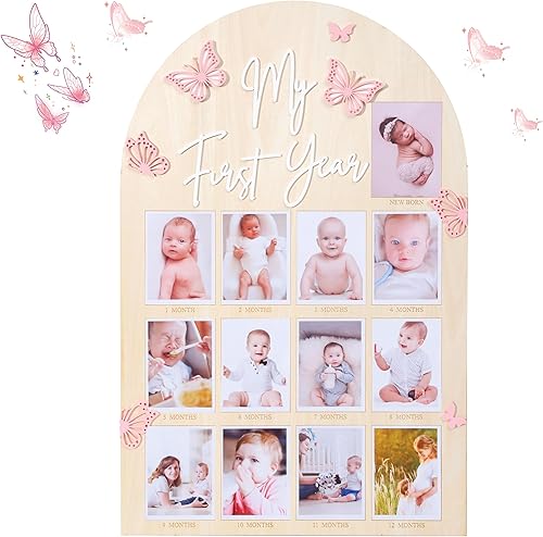 My First Year Wood Photo Board - Butterfly 1st Birthday Party Decorations,One Year Photo Milestone Board,Baby Girl 1-12 Months Photo Wooden Board,Butterfly Milestone Board Baby Shower - Jamouz