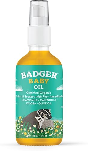 Badger Baby Oil, 100% Organic Ingredients to Soften & Moisturize Dry Skin or Cradle Cap, Soothing Vegan Organic Baby Oil, 4 fl oz Glass Bottle - Jamouz