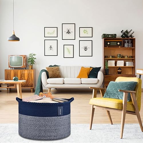 COMSE Extra Large Blanket Basket, Storage Basket, Laundry Basket, 21.7”x 13.8”, Laundry Hamper, Cotton Rope Basket, Blanket Basket Living Room, Toy Basket (White & Cadet Blue & Navy Blue) - Jamouz