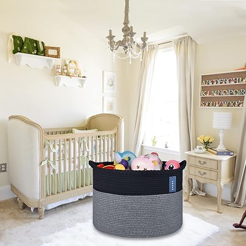 COMSE Extra Large Blanket Basket, Storage Basket, Laundry Basket, 21.7”x 13.8”, Laundry Hamper, Cotton Rope Basket, Blanket Basket Living Room, Toy Basket (White & Cadet Blue & Navy Blue) - Jamouz