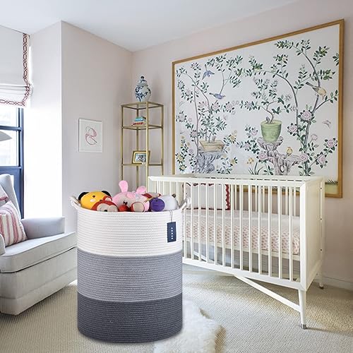 COMSE Extra Large Blanket Basket, High Storage Basket, Tall Rope Laundry Basket, 15.7”x 21.7”, Cotton Rope Basket, XXXL Laundry Basket, Toy Basket, Clothes Baskets,White/Cadet Blue/Navy Blue - Jamouz