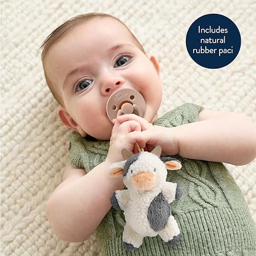 Itzy Ritzy Pacifier & Lovey Set - Natural Rubber Pacifier with Stuffed Animal Lovey - Detachable Plush Cow Pacifier Holder & Coordinating Natural Rubber Pacifier, Ideal for Ages 0-6 Months (Cow) - Jamouz