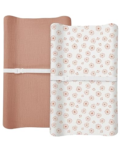 Changing Pad Cover for Baby Boy Girl 2 Pack, Muslin Changing Table Pad Covers with Boho Style, Neutral Nursery Bedding Essentials Soft and Breathable(Dusty Rose & Flower-A) - Jamouz