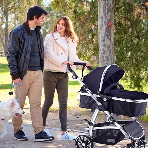 Baby Stroller, 2-in-1 Reversible Stroller with Bassinet Mode, Foldable Infant Stroller with Canopy, One Button Brake, Adjustable Handle, Newborn Stroller (Gray) - Jamouz