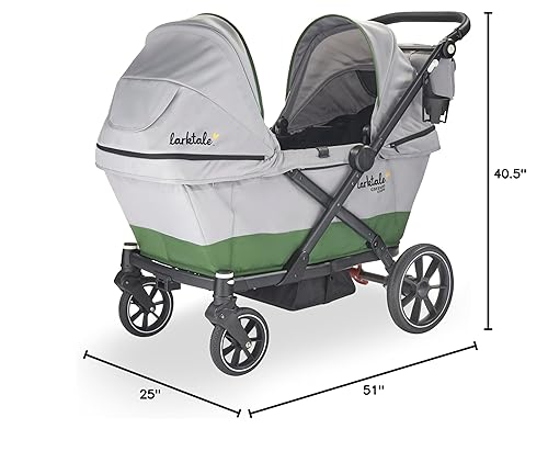Larktale Caravan Coupe - Compact 2-Seater Stroller Wagon with Small Fold - Adjustable Canopies Included - Gray/Green - Jamouz