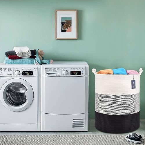 COMSE Extra Large Blanket Basket, High Storage Basket, Tall Rope Laundry Basket, 15.7”x 21.7”, Cotton Rope Basket, XXXL Laundry Basket, Toy Basket, Clothes Baskets,White/Cadet Blue/Navy Blue - Jamouz