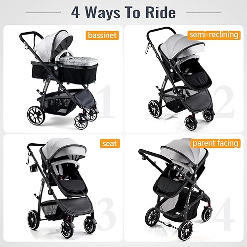 Baby Stroller, 2-in-1 Reversible Stroller with Bassinet Mode, Foldable Infant Stroller with Canopy, One Button Brake, Adjustable Handle, Newborn Stroller (Gray) - Jamouz