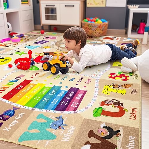 Large Playroom Rug Daycare Kids Rug 7x10,Educational and Fun Nursery Rug with ABC Alphabet Animals Classroom Rug Washable Kids Play Mat Baby Toddler Children Girls Rugs for Bedroom,Beige - Jamouz