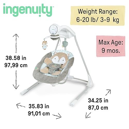 Ingenuity InLighten 5-Speed Baby Swing - Swivel Infant Seat, 5 Point Safety Harness, Nature Sounds, Lights - Nally Owl - Jamouz