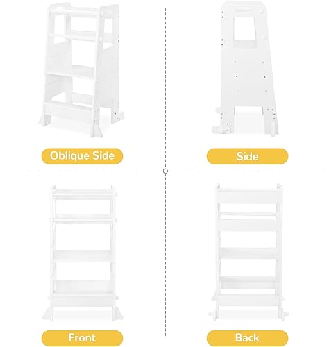 Toddler Kitchen Step Stool Helper with Safety Rails, Adjustable Height Toddler Standing Tower for Bathroom, Kitchen Counter, Bedroom (White) - Jamouz