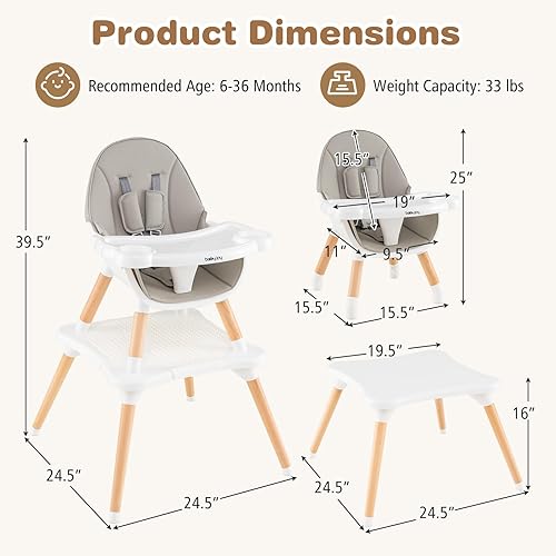BABY JOY 5 in 1 High Chair, Convertible High Chairs for Babies and Toddlers/Booster Seat/Table and Chair Set, Infant Wooden Highchair w/ 5-Point Harness, 4-Position Removable Tray & PU Cushion, Coffee - Jamouz