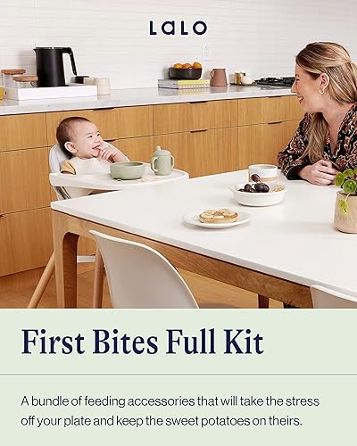 Lalo First Bites Silicone Baby Feeding Set - Baby Led Weaning Supplies - Non-Toxic Silicone - Includes 2 Bibs, 2 Spoons, Training Cup, Suction Plate and Bowl - 6 Pieces - Sage - Jamouz