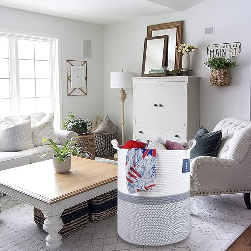 COMSE Extra Large Blanket Basket, High Storage Basket, Tall Rope Laundry Basket, 15.7”x 21.7”, Cotton Rope Basket, XXXL Laundry Basket, Toy Basket, Clothes Baskets,White/Cadet Blue/Navy Blue - Jamouz