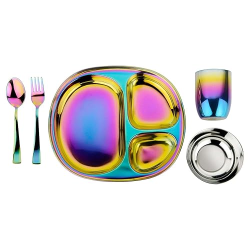Ahimsa Stainless Steel Kids Dinnerware Set - 5 Piece Stainless Steel Toddler Plates and Bowls Set, Pediatrician Designed, Non Toxic Toddler Plate and Bowl, Kids Utensils and Cup (Rainbow) - Jamouz