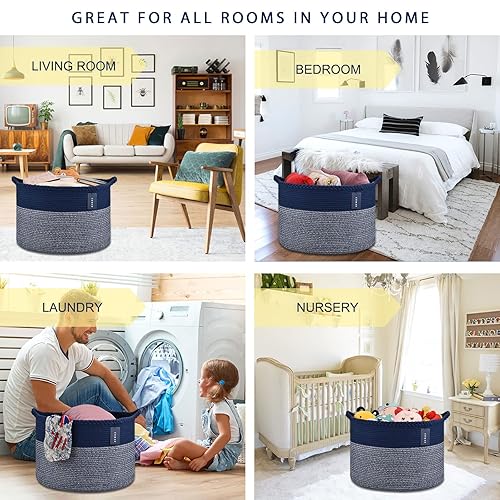 COMSE Extra Large Blanket Basket, Storage Basket, Laundry Basket, 21.7”x 13.8”, Laundry Hamper, Cotton Rope Basket, Blanket Basket Living Room, Toy Basket (White & Cadet Blue & Navy Blue) - Jamouz