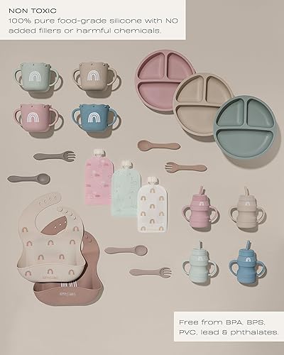 Hippypotamus Toddler Plates with Suction - 100% Food-Grade Silicone Baby Plates - Microwave & Dishwasher Safe - BPA Free - Set of 3 (Sage/Blush/Nude) - Jamouz