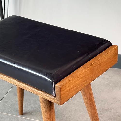 Walnut Ottoman Stool for Living Room | Upholstered in Crowbar Pattern Fabric | Versatile as a Piano Bench | Ideal Bedroom Bench | Functional Footstool Bench - Jamouz
