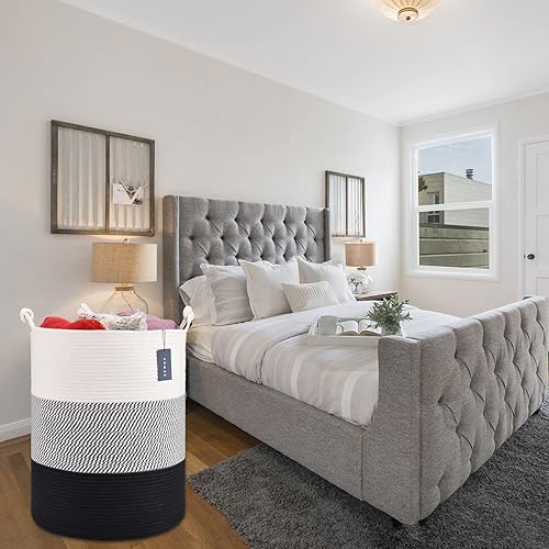 COMSE Extra Large Blanket Basket, High Storage Basket, Tall Rope Laundry Basket, 15.7”x 21.7”, Cotton Rope Basket, XXXL Laundry Basket, Toy Basket, Clothes Baskets,White/Cadet Blue/Navy Blue - Jamouz