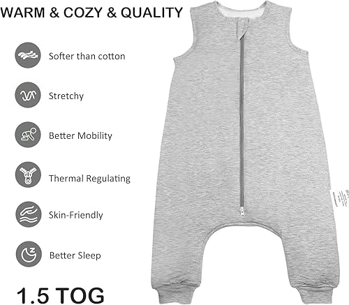 Rayon Made from Bamboo Toddler Sleep Sack with Feet, 1.5 TOG Sleeveless Toddler Sleep Sack, 2-Way Zipper - Jamouz