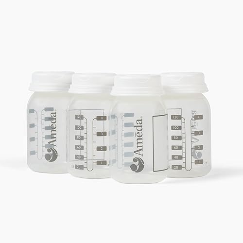 Ameda Breastmilk Storage Bottles with Lock-Tight Cap | 4.4 Ounce Breast Milk Storage Containers for Fridge (4 Count) | Breastmilk Storage Bag Alternative | Breastfeeding Supplies - Jamouz
