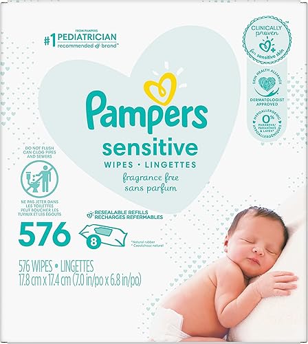 Pampers Sensitive Baby Wipes, Water Based, Hypoallergenic and Unscented, 8 Flip-Top Packs, 4 Refill Packs (1008 Wipes Total) - Jamouz