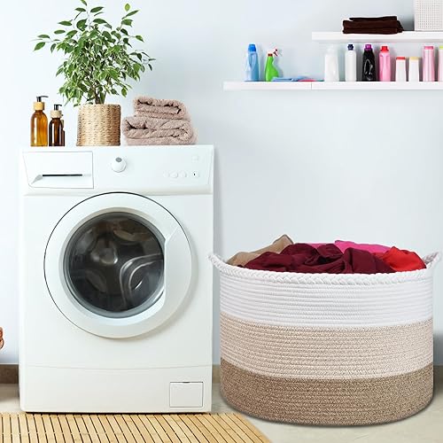 COMSE Extra Large Blanket Basket, Storage Basket, Laundry Basket, 21.7”x 13.8”, Laundry Hamper, Cotton Rope Basket, Blanket Basket Living Room, Toy Basket (White & Cadet Blue & Navy Blue) - Jamouz