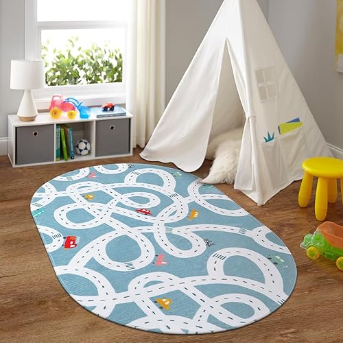 LIVEBOX Road Traffic Kids Play Area Rug 3'x5' Washable Playroom Educational & Fun with Cars and Toys Non-Slip Children Nursery Rugs for Living Room Bedroom Classroom Entryway Kids Tent - Jamouz